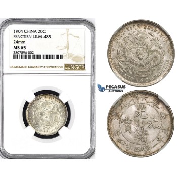 ZM31, China, Fengtien, 20 Cents 1904, Silver, L&M 485, NGC MS65, 5 rows of scales, Very Rare Grade!