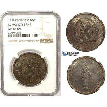 ZM313, Canada, City Bank, Penny Token 1837, NGC MS63BN