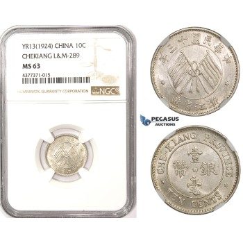 ZM315, China, Chekiang, 10 Cents Yr. 13 (1924) Silver, L&M 289, NGC MS63