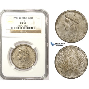 ZM321, China, Tibet, Rupee ND (1939-42) Silver, Y-3.3, NGC AU55