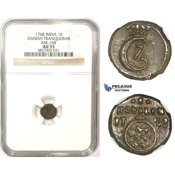 ZM325, India, Tranquebar (Danish Colony) Christian VII, 1 Royalin 1768, Silver, S. 82.1, NGC AU55, Extremely Rare!