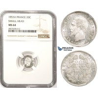 ZM327, France, Napoleon III, 20 Centimes 1853-A, Paris, Silver, NGC MS64