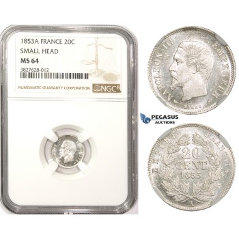ZM327, France, Napoleon III, 20 Centimes 1853-A, Paris, Silver, NGC MS64