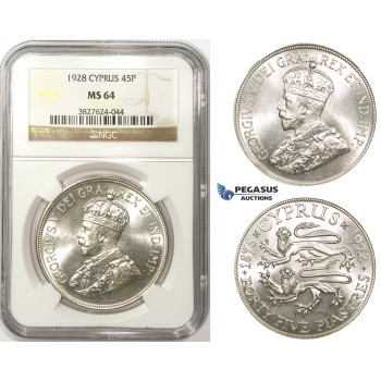 ZM33, Cyprus, George V, 45 Piastres 1928, London, Silver, NGC MS64