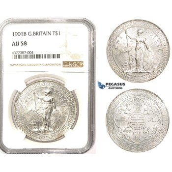 ZM334, Great Britain, Trade Dollar 1901-B, Bombay, Silver, NGC AU58