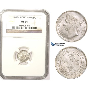 ZM342, Hong Kong, Victoria, 5 Cents 1890-H, Heaton, Silver, NGC MS64