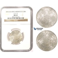 ZM352, Morocco, Abd Al Aziz, 2 1/2 Dirhams AH1315 (1897) Berlin, Silver, Y-11.2, NGC MS63 ZM352, Morocco, Abd Al Aziz, 2 1/2 Dirhams AH1315 (1897) Berlin, Silver, Y-11.2, NGC MS63