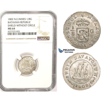 ZM354, N.E. Indies, Batavian Rep. 1/8 Gulden 1802, Silver, NGC MS64