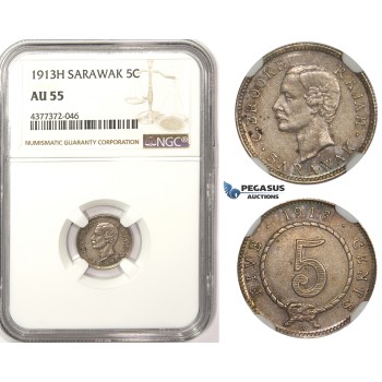 ZM360, Sarawak, C. Brooke Rajah, 5 Cents 1913-H, Heaton, Silver, NGC AU55
