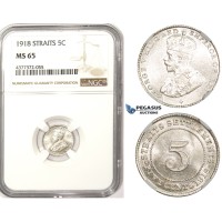 ZM367, Straits Settlements, George V, 5 Cents 1918, Silver, NGC MS65