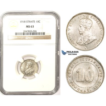 ZM368, Straits Settlements, George V, 10 Cents 1918, Silver, NGC MS63