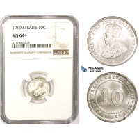 ZM369, Straits Settlements, George V, 10 Cents 1919, Silver, NGC MS64+