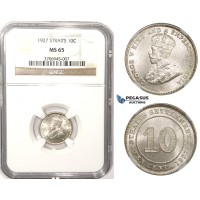 ZM370, Straits Settlements, George V, 10 Cents 1927, Silver, NGC MS65