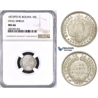 ZM380, Bolivia, 10 Centavos 1872 PTS FE, Potosi, Silver, NGC MS66, Pop 1/0 ZM380, Bolivia, 10 Centavos 1872 PTS FE, Potosi, Silver, NGC MS66, Pop 1/0