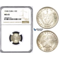 ZM387, Cuba, 10 Centavos 1948, Philadelphia, Silver, NGC MS65