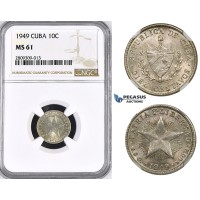 ZM389, Cuba, 10 Centavos 1949, Philadelphia, Silver, NGC MS61