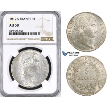 ZM413, France, Napoleon I, 5 Francs 1812-A, Paris, Silver, NGC AU58