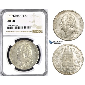 ZM414, France, Louis XVIII, 5 France 1818-B, Rouen, Silver, NGC AU58
