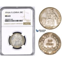 ZM415, French Indo-China, 20 Centimes 1916-A, Paris, Silver, NGC MS63
