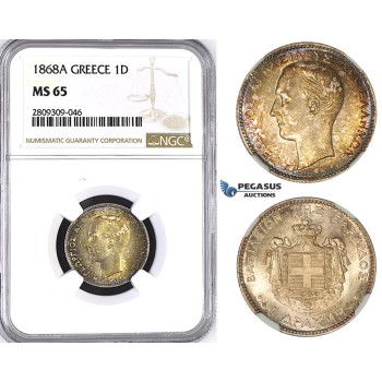 ZM417, Greece, George I, 1 Drachma 1868-A, Paris, Silver, NGC MS65, Rare so nice!