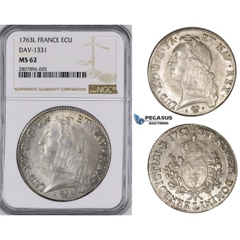 ZM42, France, Louis XV, Ecu 1763-L, Bayonne, Silver, NGC MS62, Pop 1/0, Finest!
