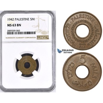 ZM432, Palestine, 5 Mils 1942, London, Bronze, NGC MS63BN