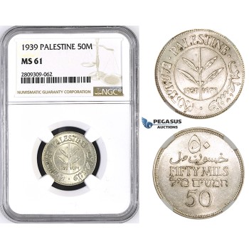 ZM434, Palestine, 50 Mils 1939, London, Silver, NGC MS61
