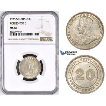 ZM437, Straits Settlements, George V, 20 Cents 1935, Silver, NGC MS63 Round top 3