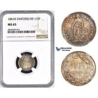ZM440, Switzerland, 1/2 Franc 1881-B, Bern, Silver, NGC MS65, Rainbow toning ZM440, Switzerland, 1/2 Franc 1881-B, Bern, Silver, NGC MS65, Rainbow toning