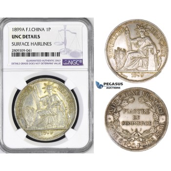 ZM448, French Indo-China, Piastre 1899-A, Silver, NGC UNC Details