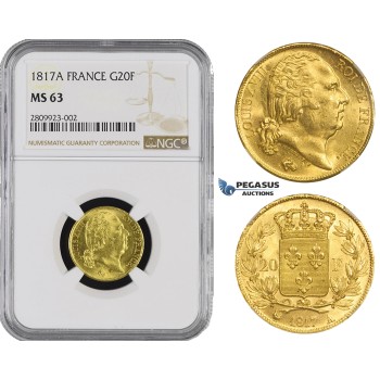 ZM481, France, Louis XVIII, 20 Francs 1817-A, Paris, Gold, NGC MS63