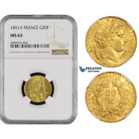 ZM483, France, Second Republic, 20 Francs 1851-A, Paris, Gold, NGC MS62