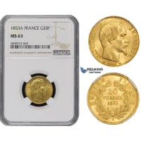 ZM484, France, Napoleon III, 20 Francs 1853-A, Paris, Gold, NGC MS63