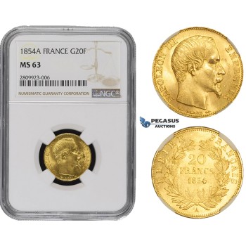 ZM485, France, Napoleon III, 20 Francs 1854-A, Paris, Gold, NGC MS63