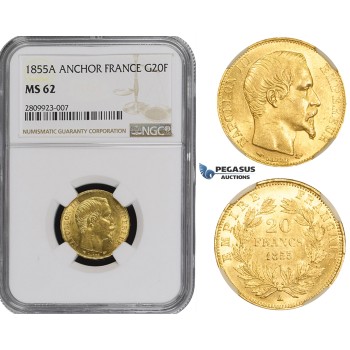 ZM486, France, Napoleon III, 20 Francs 1855-A (Anchor) Paris, Gold, NGC MS62