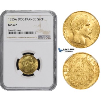 ZM487, France, Napoleon III, 20 Francs 1855-A (Dog) Paris, Gold, NGC MS62
