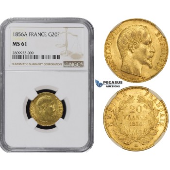 ZM488, France, Napoleon III, 20 Francs 1856-A, Paris, Gold, NGC MS61