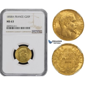 ZM489, France, Napoleon III, 20 Francs 1858-A, Paris, Gold, NGC MS63