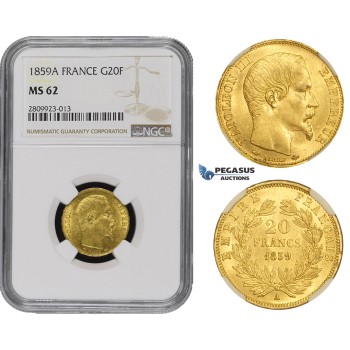 ZM490, France, Napoleon III, 20 Francs 1859-A, Paris, Gold, NGC MS62