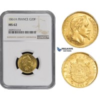 ZM491, France, Napoleon III, 20 Francs 1861-A, Paris, Gold, NGC MS62