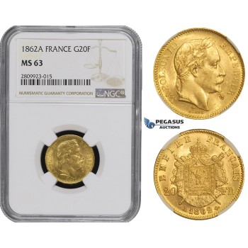 ZM492, France, Napoleon III, 20 Francs 1862-A (Larga A) Paris, Gold, NGC MS63, Pop 1 for Large A
