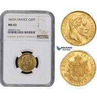 ZM493, France, Napoleon III, 20 Francs 1863-A, Paris, Gold, NGC MS63