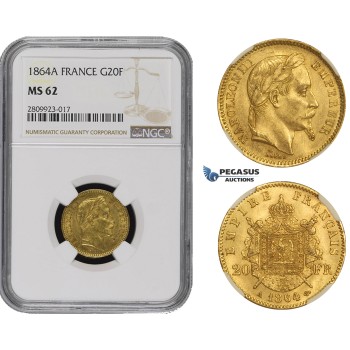 ZM494, France, Napoleon III, 20 Francs 1864-A, Paris, Gold, NGC MS62