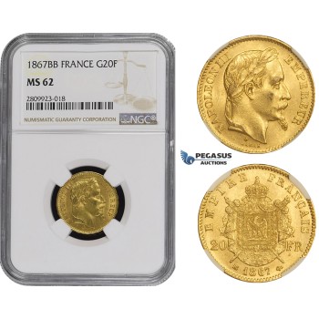ZM495, France, Napoleon III, 20 Francs 1867-BB, Strasbourg, Gold, NGC MS62