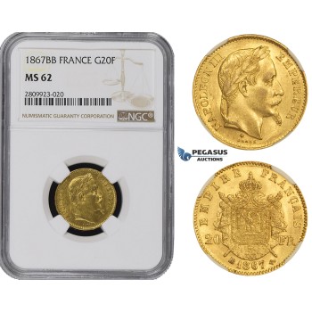 ZM496, France, Napoleon III, 20 Francs 1867-BB (Large BB) Strasbourg, Gold, NGC MS62