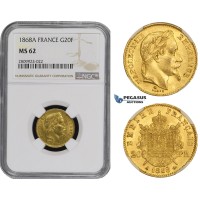 ZM497, France, Napoleon III, 20 Francs 1868-A, Paris, Gold, NGC MS62
