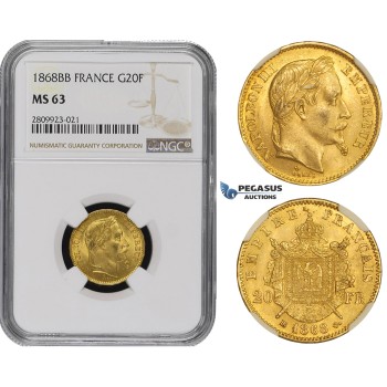 ZM498, France, Napoleon III, 20 Francs 1868-BB, Strasbourg, Gold, NGC MS63
