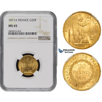 ZM499, France, Third Republic, 20 Francs 1871-A, Paris, Gold, NGC MS65