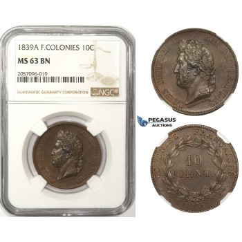 ZM50, French Colonies, Louis Philippe I, 10 Centimes 1839-A, Paris, NGC MS63BN (Prooflike fields)