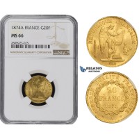 ZM500, France, Third Republic, 20 Francs 1874-A, Paris, Gold, NGC MS66, Pop 1/0, Finest!